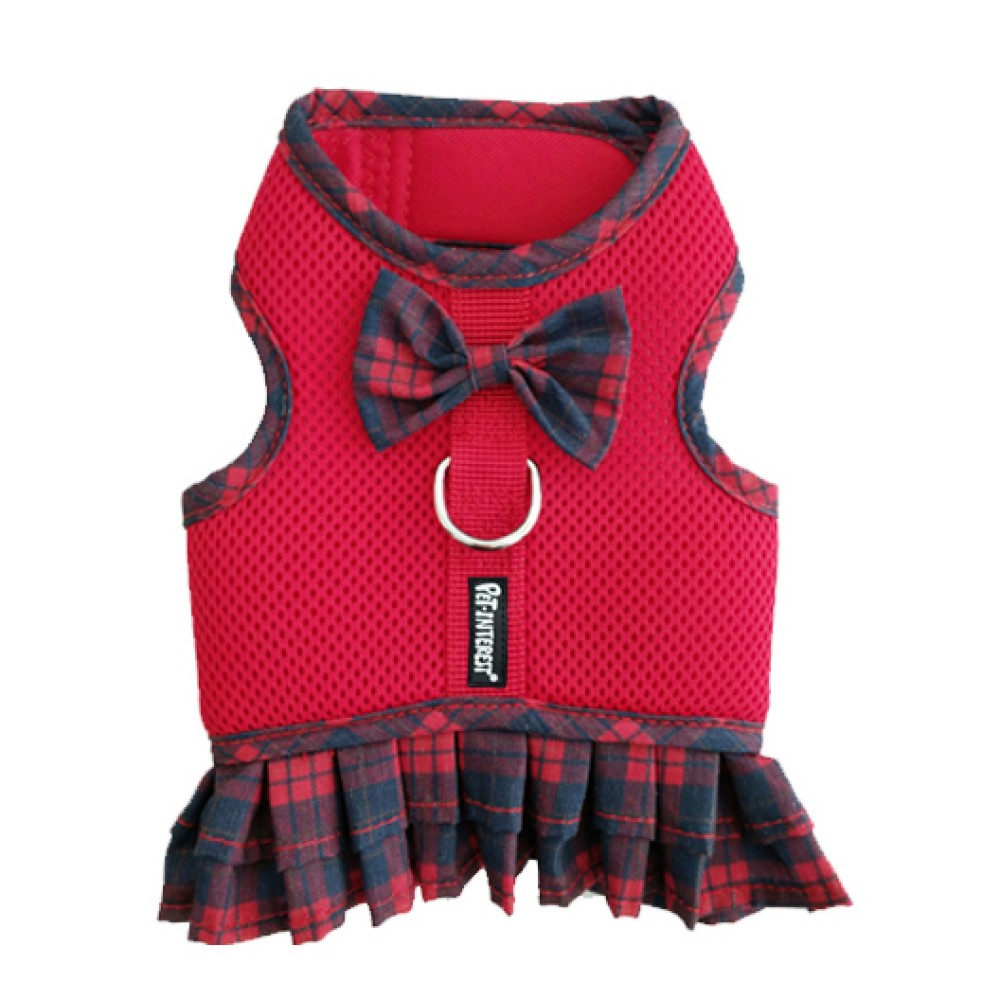 PET INTEREST MESH HARNESS RED PLAID & SKIRT S